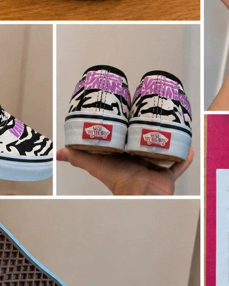 VANS trainers black white zebra print with pink logo and black laces.