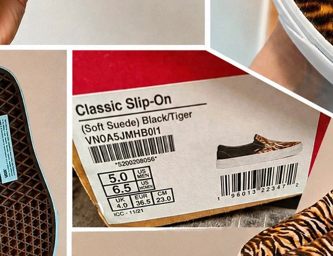 VANS Classic Slip-On sneakers black and brown soft suede with tiger pattern and white sole.