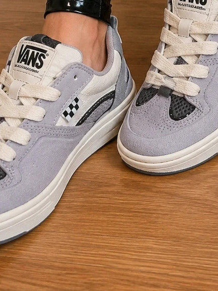 VANS grey and white sneakers with checkerboard detail and padded tongue, size 36.5.