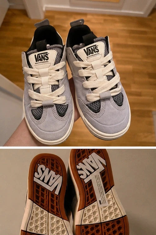 VANS grey and white sneakers with checkerboard detail and padded tongue, size 36.5.