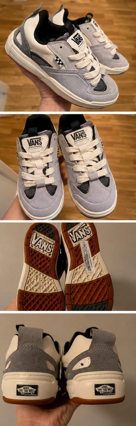 VANS grey and white sneakers with checkerboard detail and padded tongue, size 36.5.