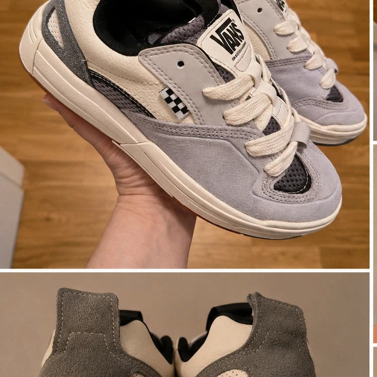 VANS grey and white sneakers with checkerboard detail and padded tongue, size 36.5.