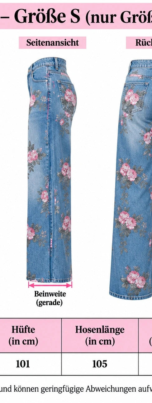 REI blue straight jeans with pink floral pattern and classic button closure.