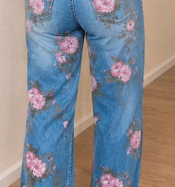 REI blue straight jeans with pink floral pattern and classic button closure.