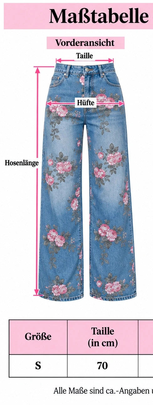 REI blue straight jeans with pink floral pattern and classic button closure.