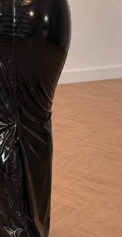 REI black linen maxi dress high collar sleeveless glossy wet look with front zipper