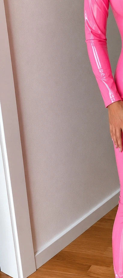 REI pink jumpsuit high-gloss wetlook finish long sleeves front zipper fitted design