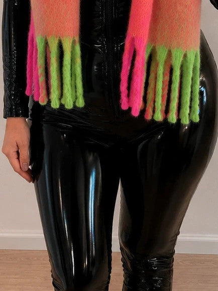 XXL multi shawl soft plush texture with long fringes in pink, green, and orange.