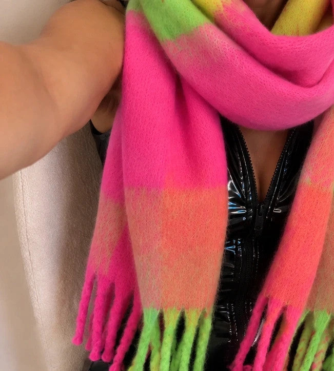 XXL multi shawl soft plush texture with long fringes in pink, green, and orange.