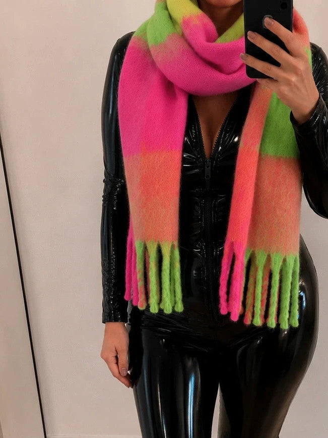 XXL multi shawl soft plush texture with long fringes in pink, green, and orange.