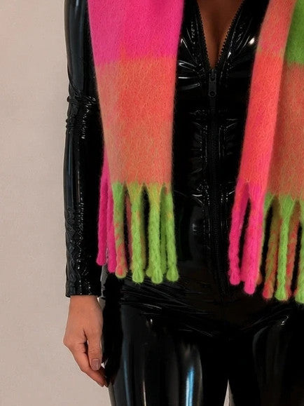 XXL multi shawl soft plush texture with long fringes in pink, green, and orange.