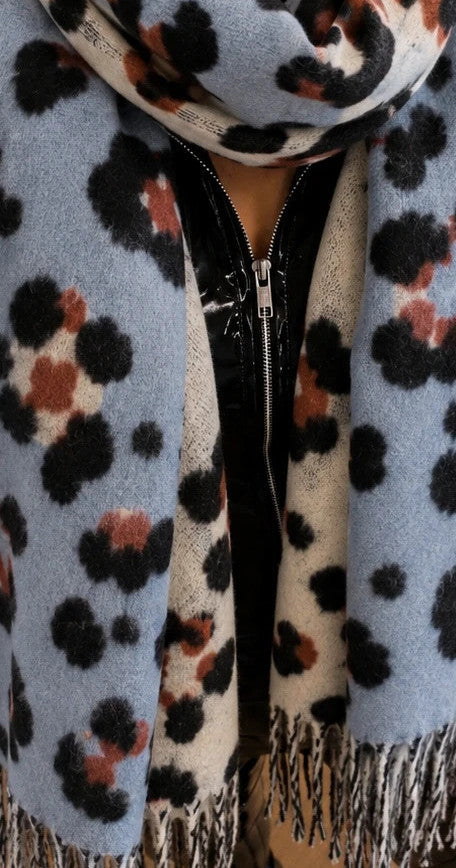 XXL multi shawl with leopard print in light blue, cream, and rust, featuring fringes.