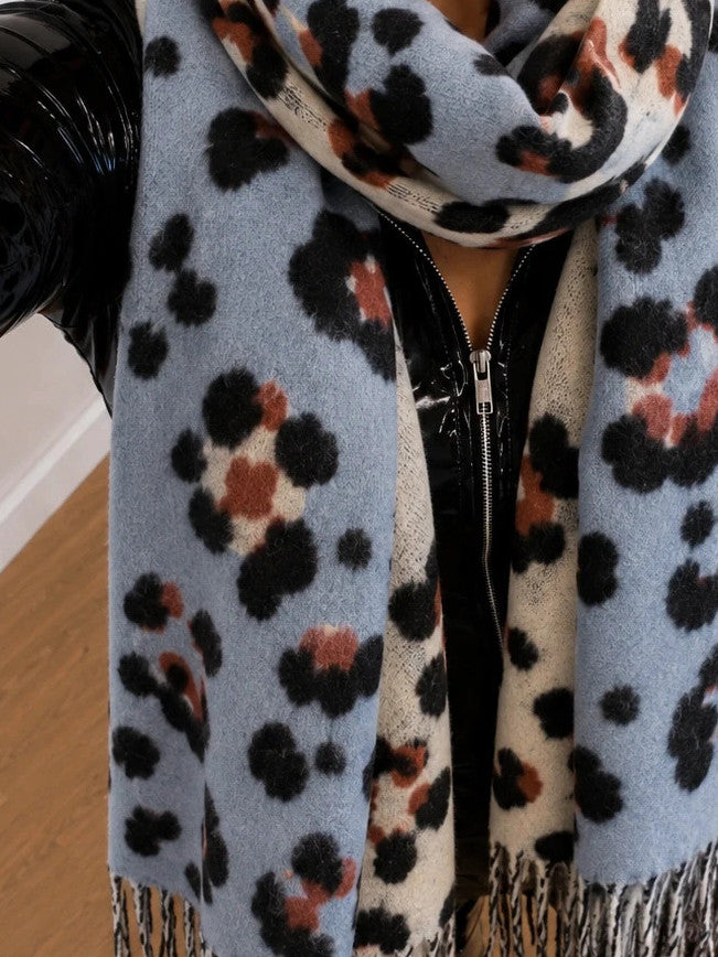 XXL multi shawl with leopard print in light blue, cream, and rust, featuring fringes.