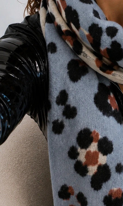 XXL multi shawl with leopard print in light blue, cream, and rust, featuring fringes.