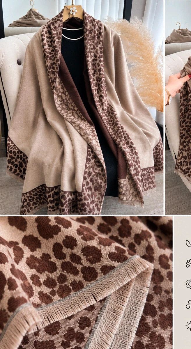 XXL beige and brown reversible shawl with patterned edges and soft fringe details.