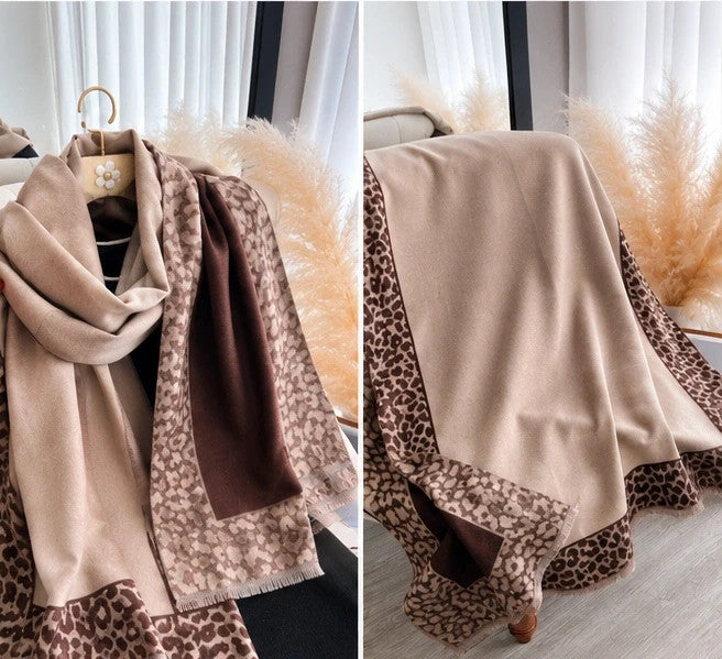 XXL beige and brown reversible shawl with patterned edges and soft fringe details.