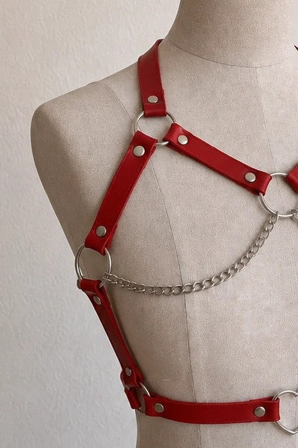 Outfit red body harness with silver metal rings, studs, and decorative chains.