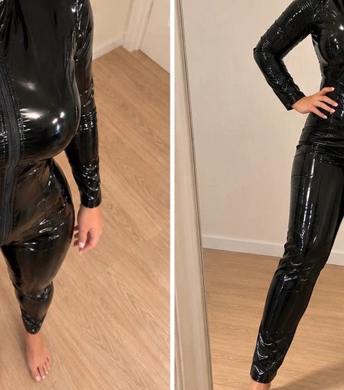 XXL black jumpsuit high-gloss wetlook long sleeves front zipper fitted silhouette