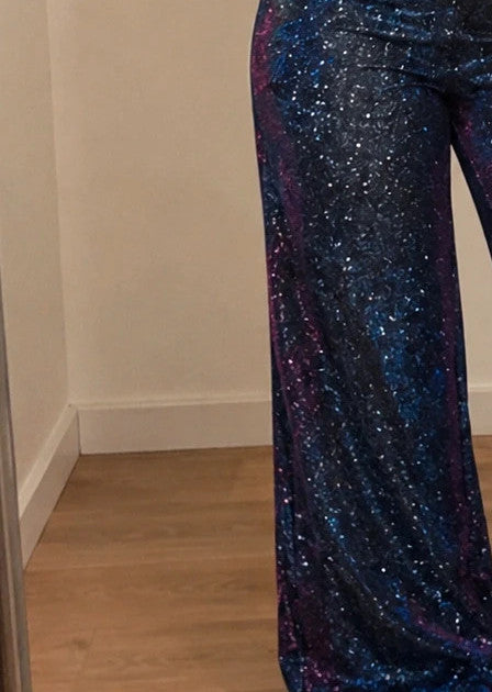 SheIn blue glitter flared pants high waist with color-changing effect and back zipper.