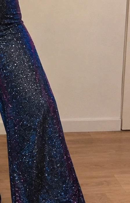 SheIn blue glitter flared pants high waist with color-changing effect and back zipper.