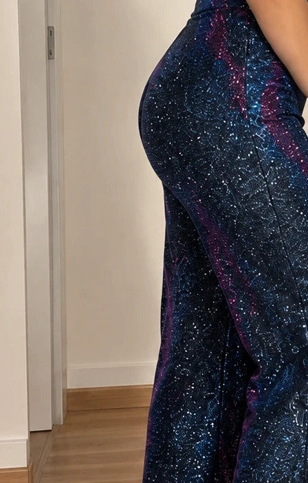 SheIn blue glitter flared pants high waist with color-changing effect and back zipper.