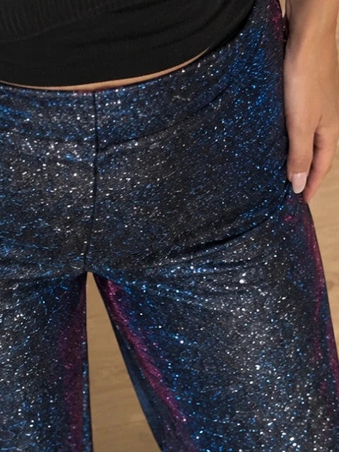 SheIn blue glitter flared pants high waist with color-changing effect and back zipper.