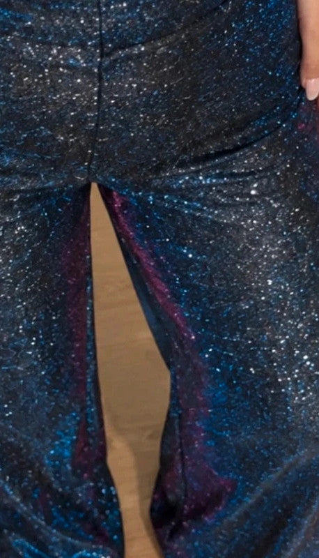 SheIn blue violet high waist glitter flared pants with shimmering color change effect.