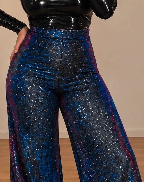 SheIn blue violet high waist glitter flared pants with shimmering color change effect.