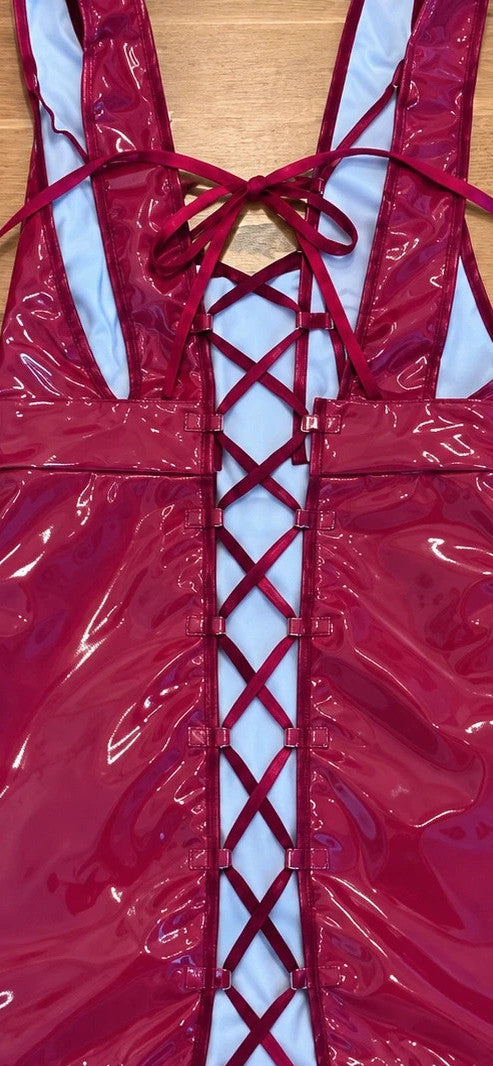 SheIn burgundy bandage dress wetlook finish deep V-neck with front and back lacing