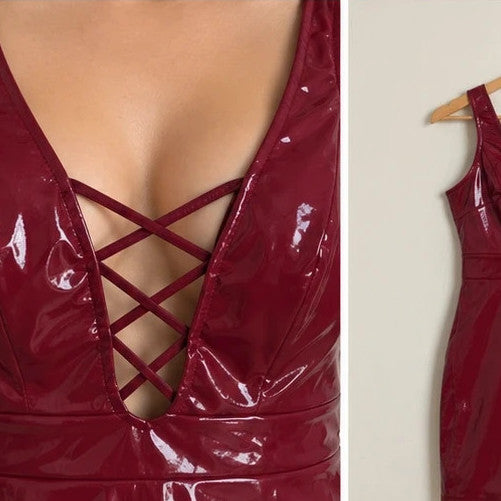 SheIn burgundy bandage dress wetlook finish deep V-neck with front and back lacing