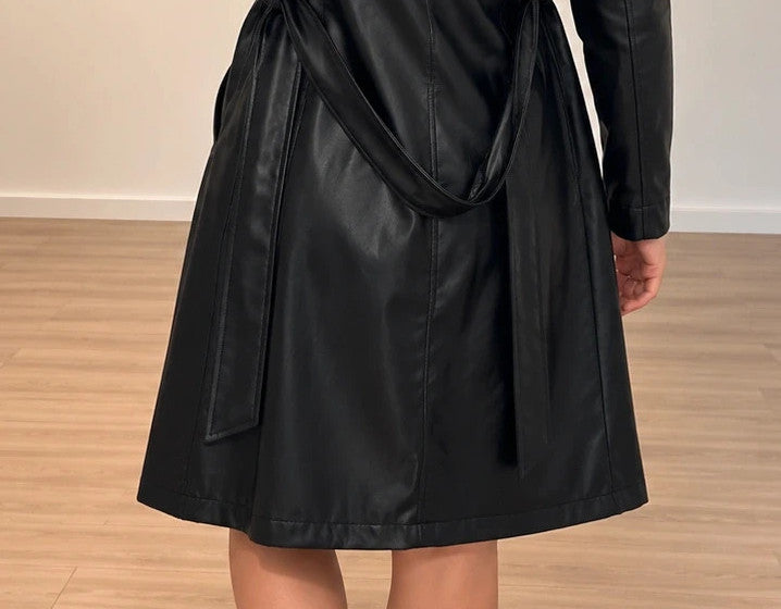 SheIn black trench coat with belt, glossy PU leather, classic lapel collar, size L.