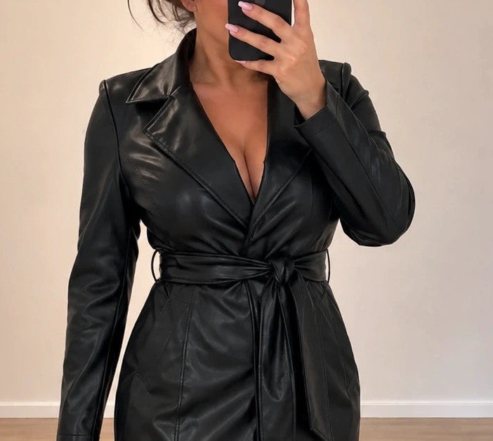 SheIn black trench coat with belt, glossy PU leather, classic lapel collar, size L.