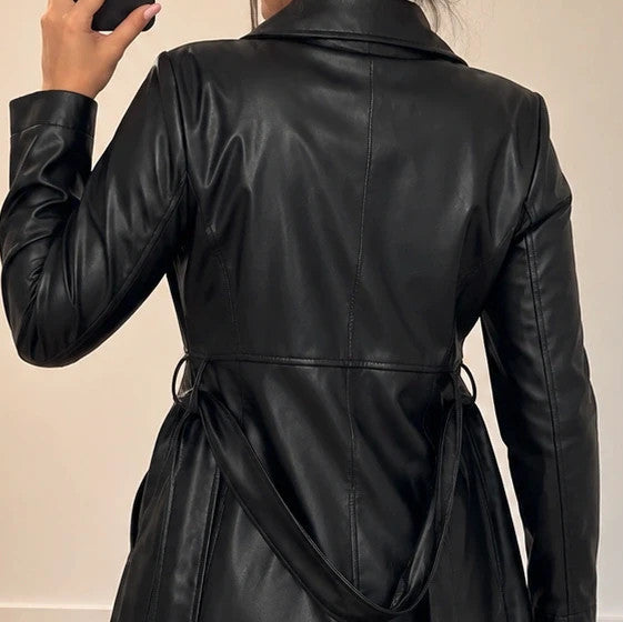 SheIn black trench coat with belt, glossy PU leather, classic lapel collar, size L.