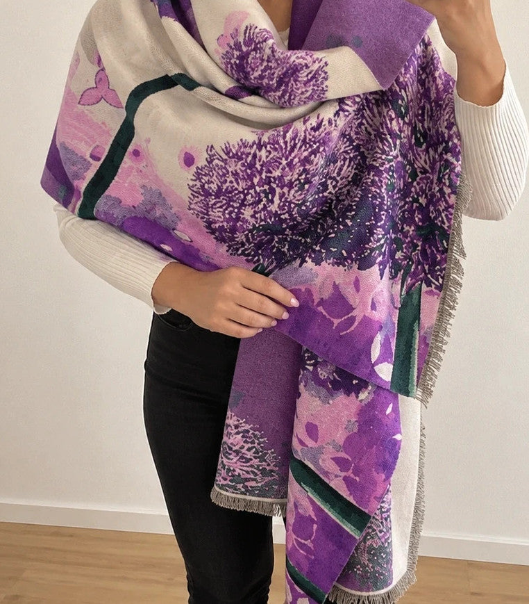 ALS multi shawl purple floral pattern with fringes, soft polyester material.