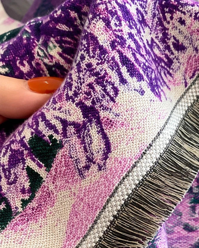 ALS multi shawl purple floral pattern with fringes, soft polyester material.