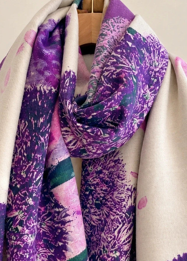 ALS multi shawl purple floral pattern with fringes, soft polyester material.
