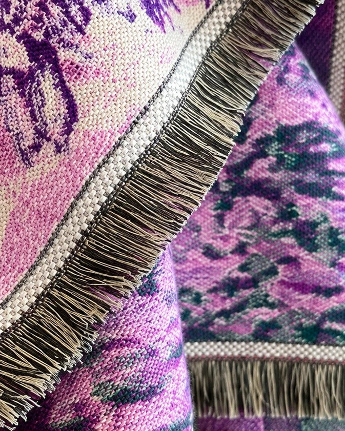 ALS multi shawl purple floral pattern with fringes, soft polyester material.