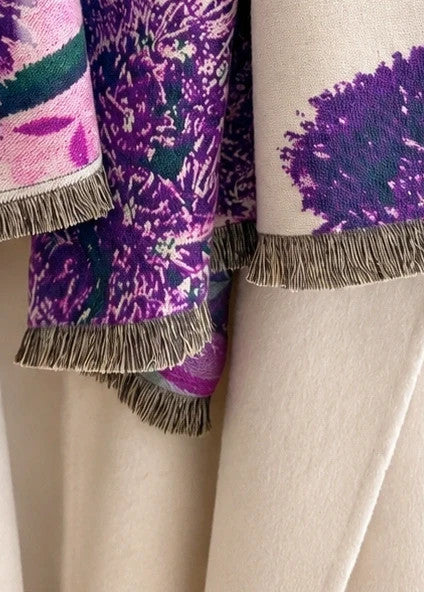 ALS multi shawl purple floral pattern with fringes, soft polyester material.