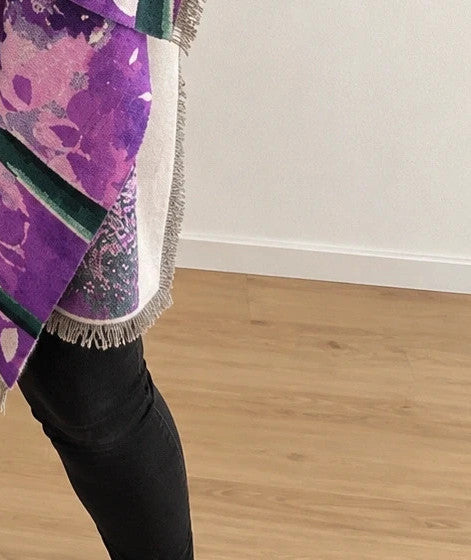 ALS multi shawl purple floral pattern with fringes, soft polyester material.