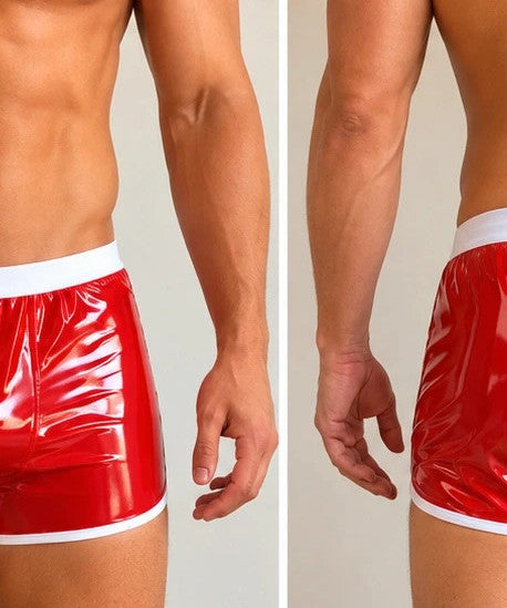 Eine red wetlook boxershorts with white waistband and contrasting leg openings.