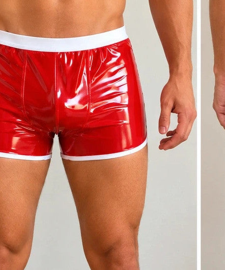 Eine red wetlook boxershorts with white waistband and contrasting leg openings.