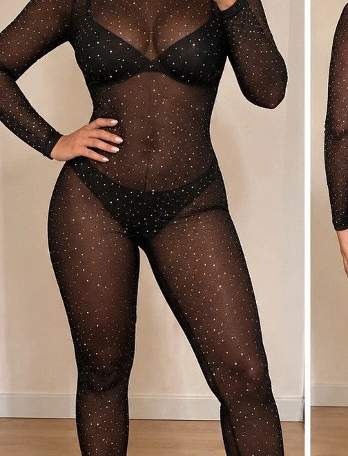SheIn black jumpsuit sheer fabric with sparkling rhinestone details and long sleeves.