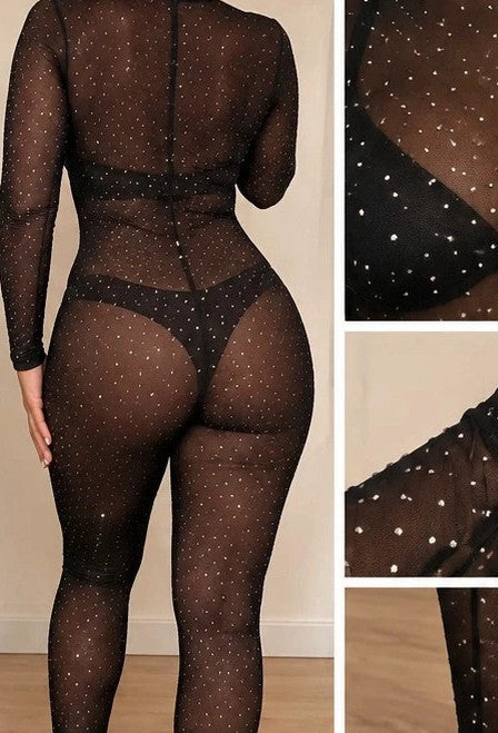 SheIn black jumpsuit sheer fabric with sparkling rhinestone details and long sleeves.