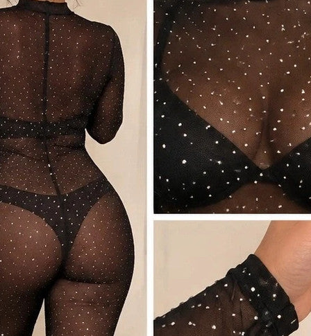 SheIn black jumpsuit sheer fabric with sparkling rhinestone details and long sleeves.