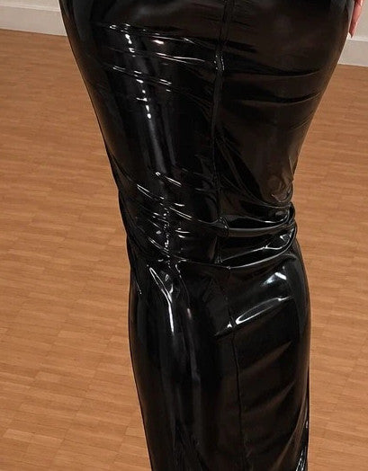 REI black bandage dress high neck long sleeve wetlook finish with back zipper.
