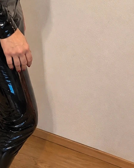XXL black jumpsuit high-shine wetlook with front zipper and fitted design.
