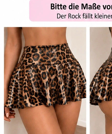 breiter black and brown leopard print mini skirt with shiny finish and flared hem