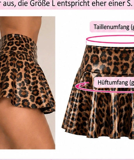 breiter black and brown leopard print mini skirt with shiny finish and flared hem