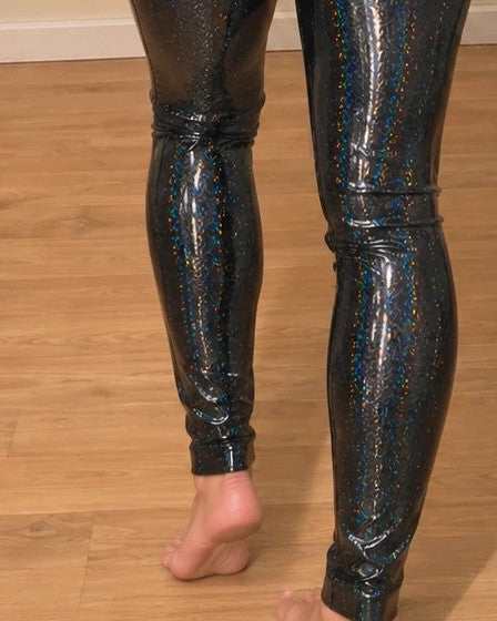 SheIn black leggings with holographic effect and shiny surface, size S.
