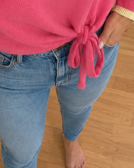 ONLY pink oversized pullover with drawstring detail and cream contrast stripes on sleeves.